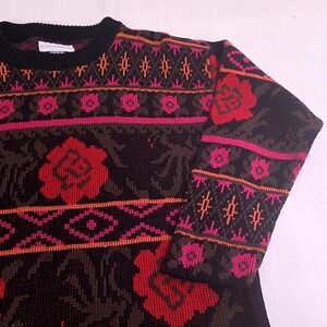 Jessica Roberts Sweater Womens M Black Pink Floral Intarsia Vintage USA Grandma